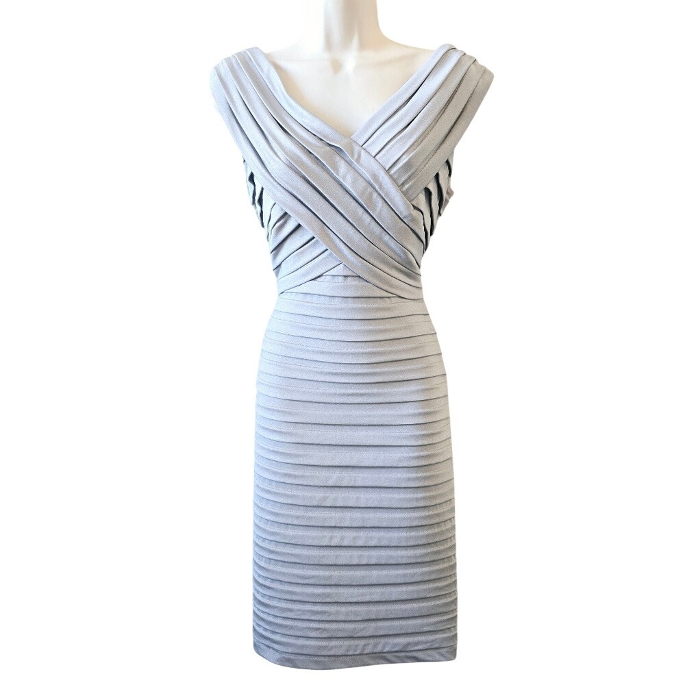Adrianna Papell Womens 10 Silver Metallic Tiered Ribbon Surplice‎ Sheath Dress